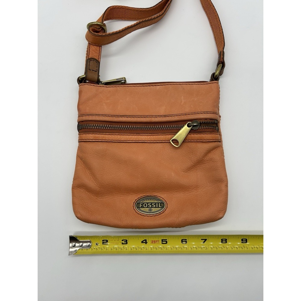 Vintage Fossil Leather Crossbody Bag Orange Pebbled Square Multi Zip Boho Hippie - Picture 4 of 10